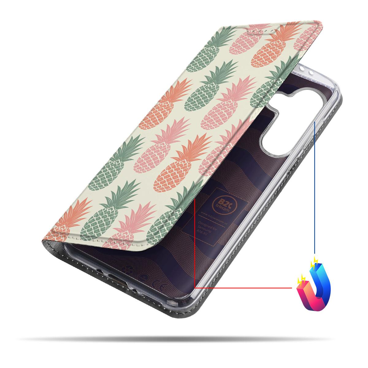 Samsung Galaxy A56 A36 Flip Style Cover Ananas telefoonhoesje ananas print zij aanzicht