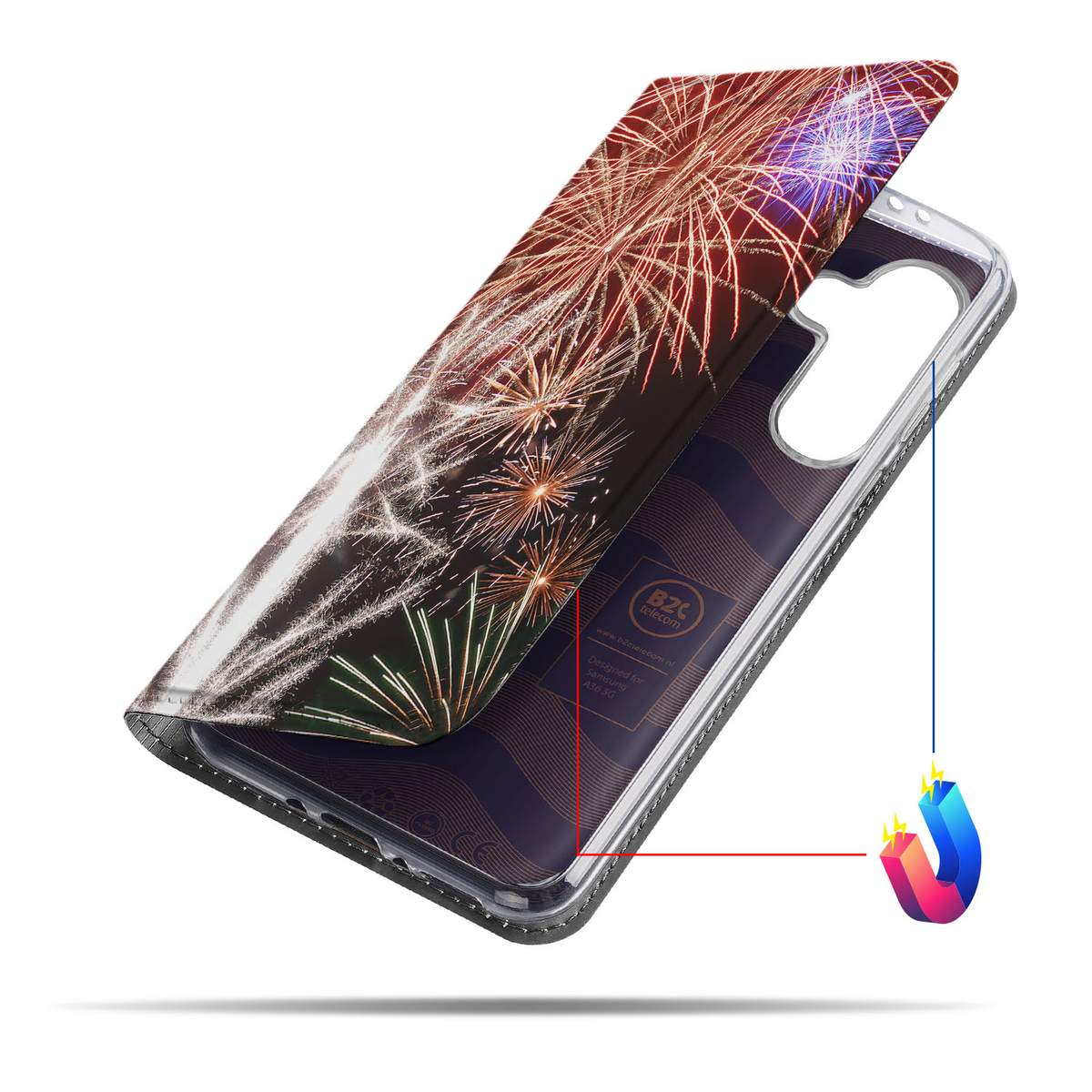 Samsung Galaxy A56 A36 Hippe Standcase Vuurwerk siervuurwerk kleuren aanzicht