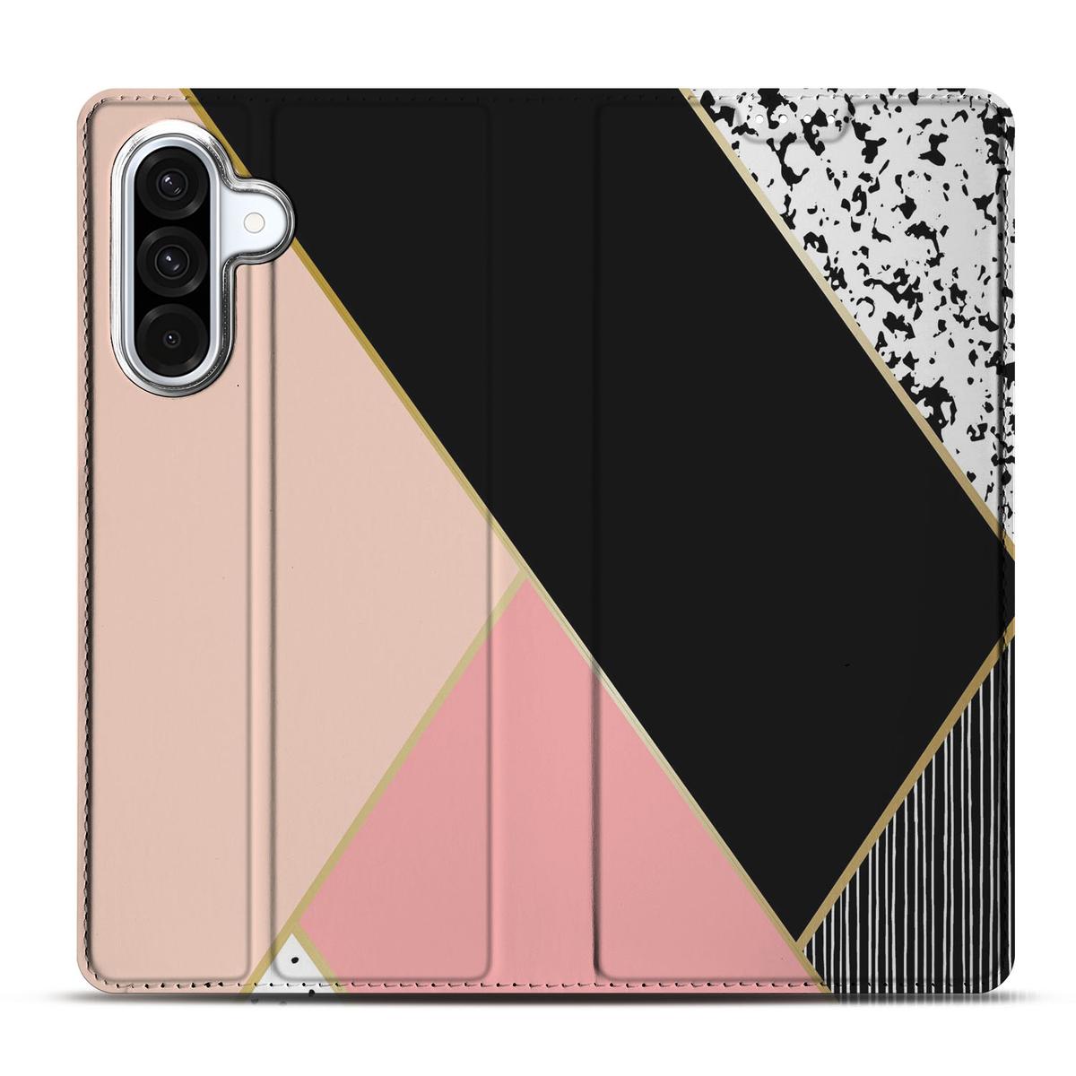 Samsung Galaxy A56 | A36 Stand Case Zwart Roze Vormen design Black Pink Shapes achteraanzicht