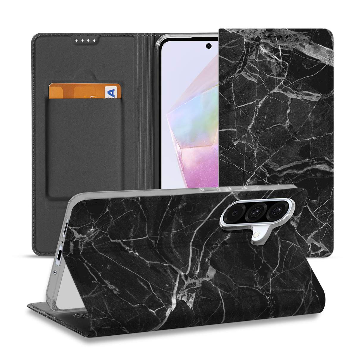 Samsung Galaxy A56 A36 Standcase Marmer Zwart design zwart aanzicht
