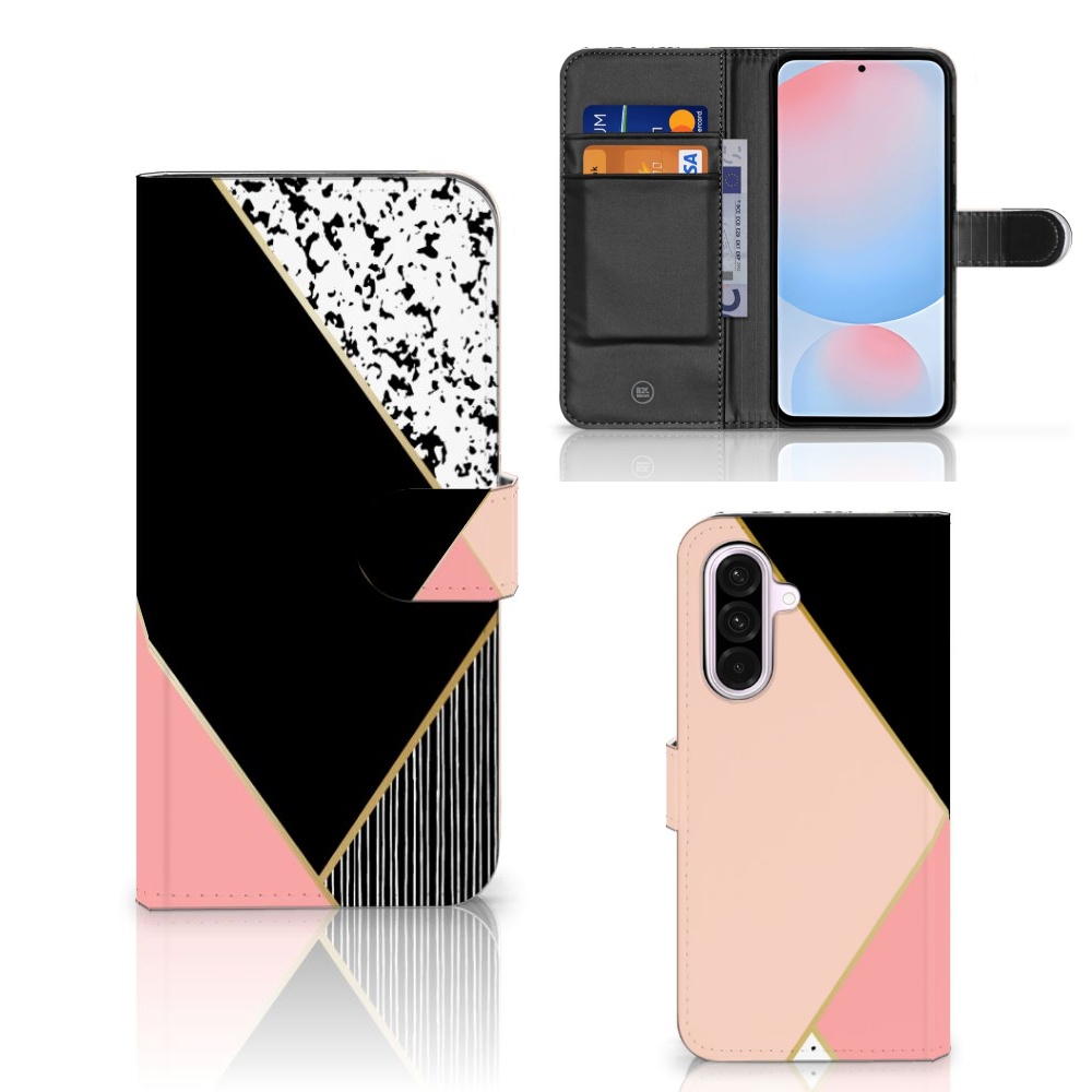 Samsung Galaxy A56 Book Case Zwart Roze Vormen bookcase geometrisch zwart roze aanzicht