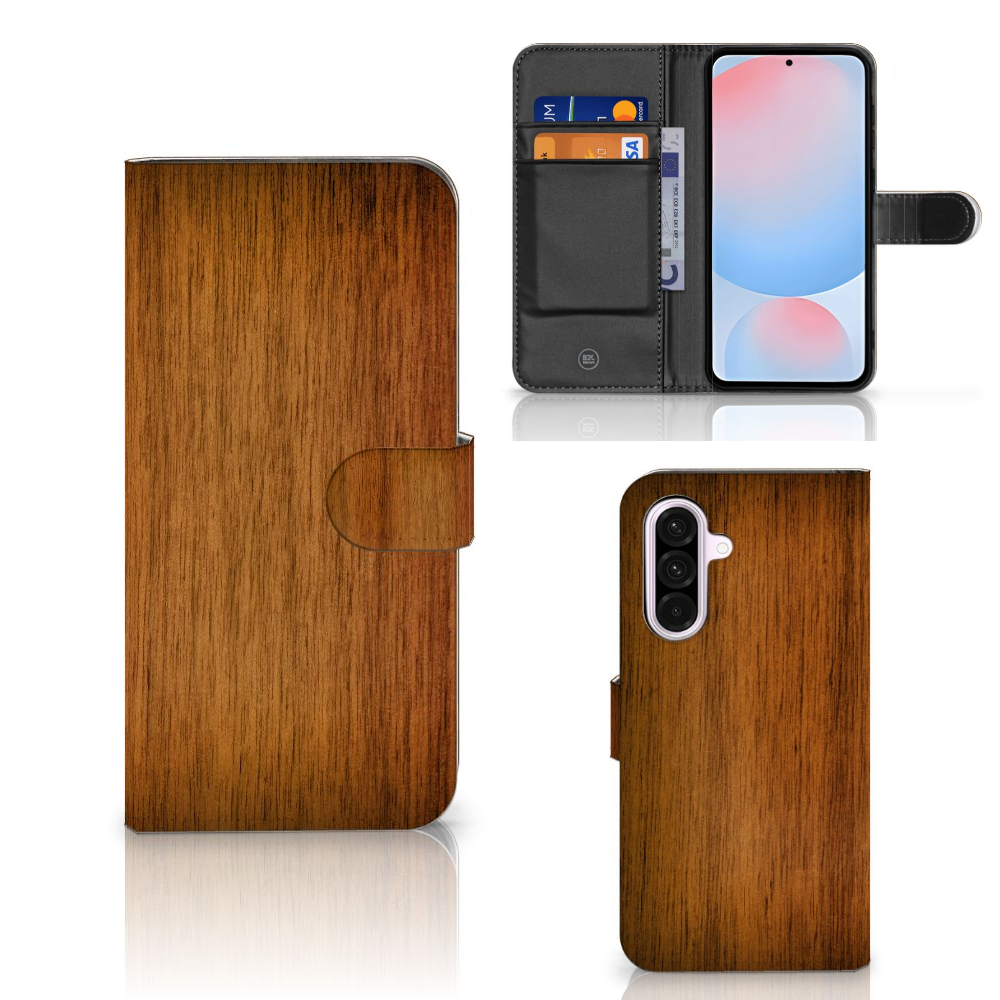 Samsung Galaxy A56 Book Style Case Donker Hout book stijl voorkant achterzijde binnenzijde