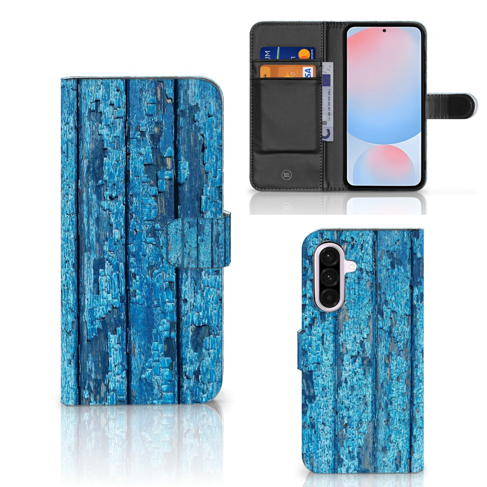 Samsung Galaxy A56 Book Style Case Wood Blue boekhoes blauw hout voorkant achterkant binnenkant