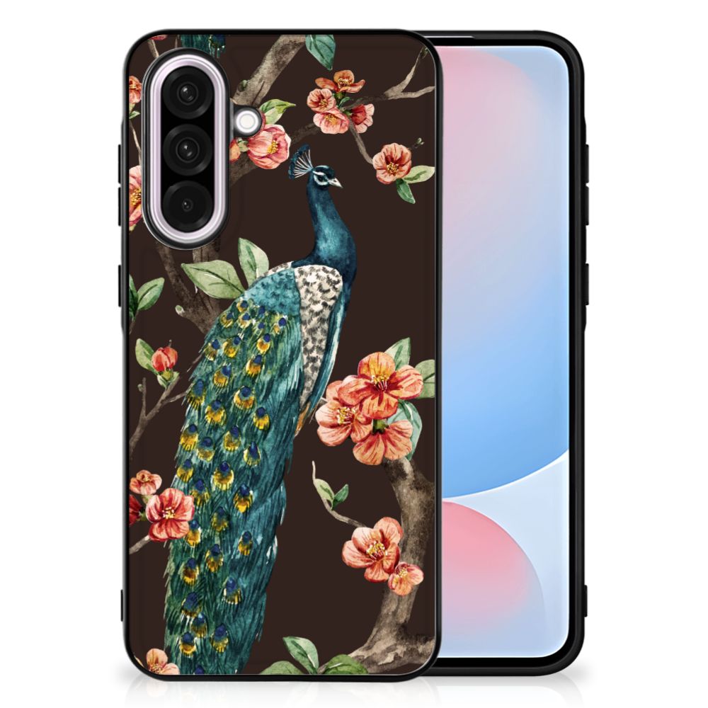 Samsung Galaxy A56 Dierenprint Telefoonhoesje Pauw met Bloemen op een zwart achtergrond met bloemen.