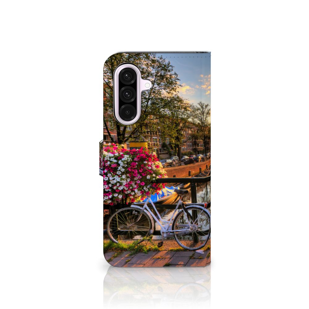 Samsung Galaxy A56 Flip Cover Amsterdamse Grachten telefoonhoesje fiets bloemen Amsterdamse grachten