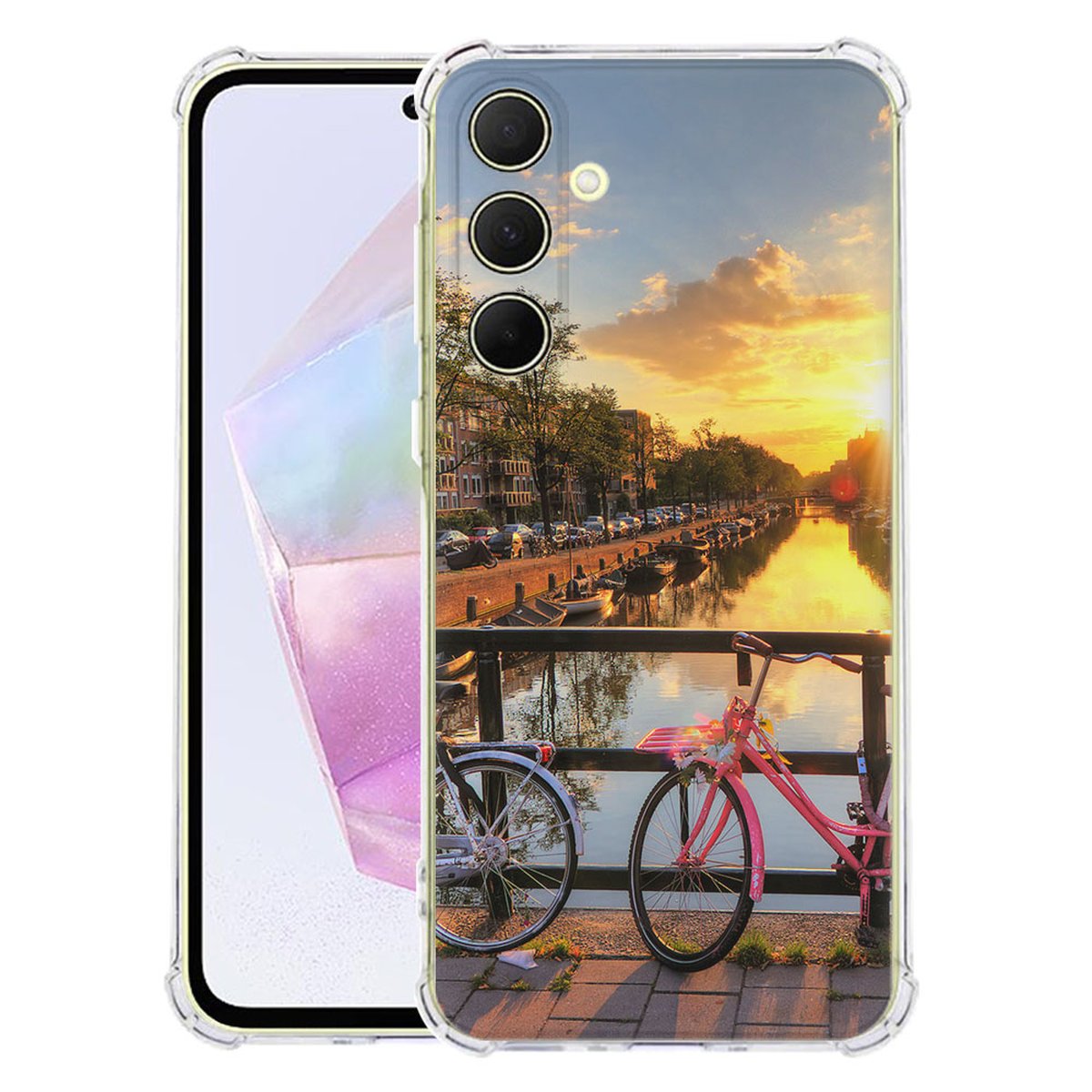 Samsung Galaxy A56 Hoesje Amsterdamse Grachten TPU Antishock uitzicht op grachten fietsen zonsondergang