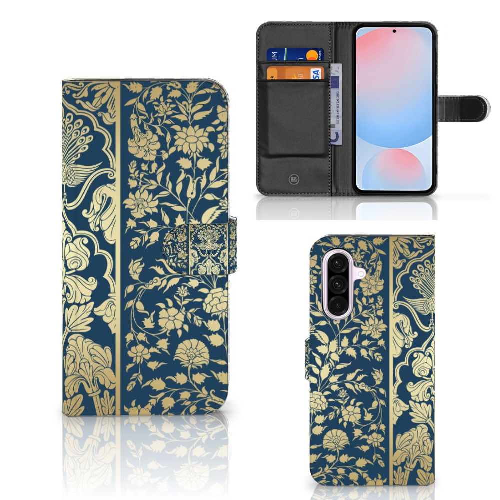 Samsung Galaxy A56 Hoesje Beige Flowers boekhoes donkerblauw bloemen aanzicht