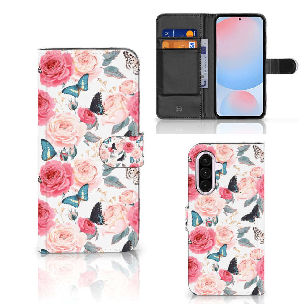 Samsung Galaxy A56 Hoesje Butterfly Roses boekhoes design rozen vlinders aanzicht