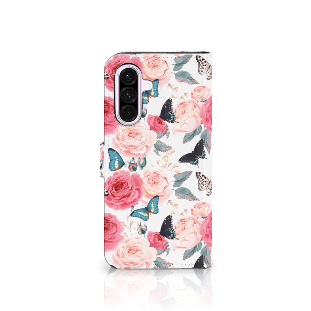 Samsung Galaxy A56 Hoesje Butterfly Roses bookhoesje rozen vlinders vooraanzicht