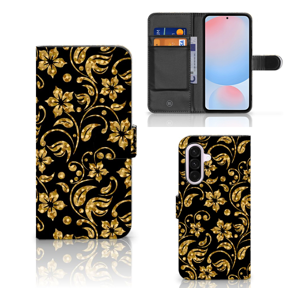 Samsung Galaxy A56 Hoesje Gouden Bloemen telefoonhoesje bloemen ontwerp zijkant voorkant