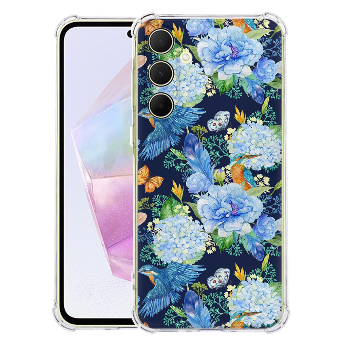 Samsung Galaxy A56 Hoesje IJsvogel TPU Antishock bloemen design achterkant