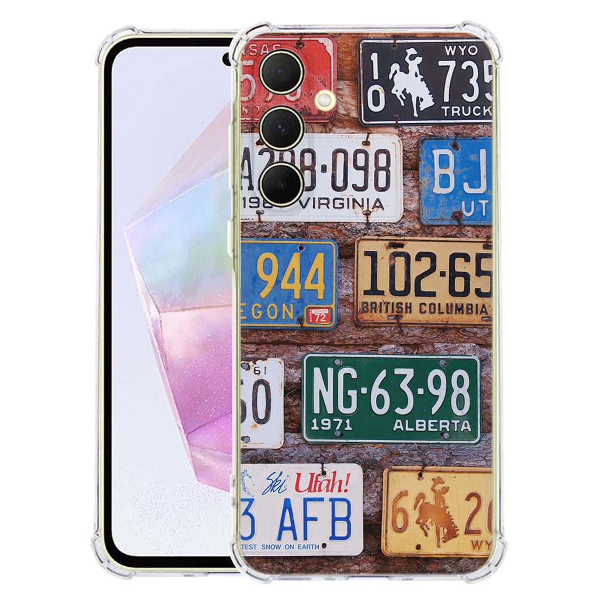 Samsung Galaxy A56 Hoesje Kentekenplaten TPU Antishock design met kleurrijke kentekenplaten aanzicht