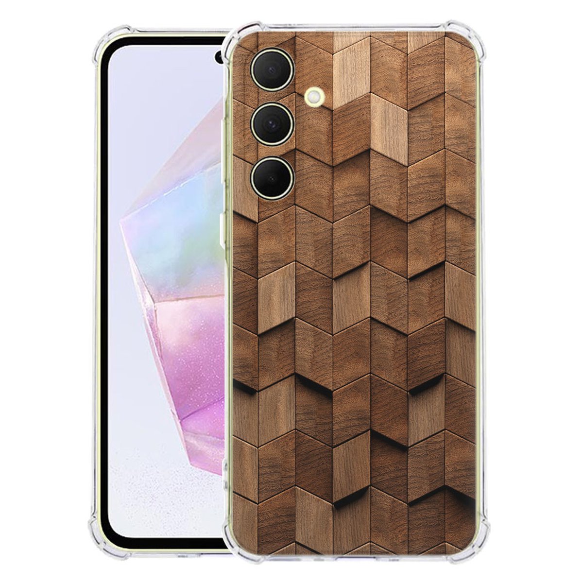 Samsung Galaxy A56 Hoesje Wooden Cubes TPU Antishock houten blokken design achteraanzicht