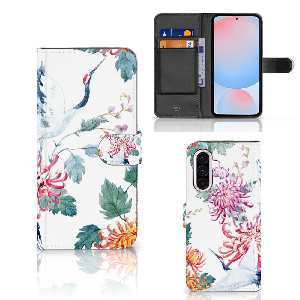 Samsung Galaxy A56 Telefoonhoesje met Pasjes Bird Flowers design bloem vogels aanzicht