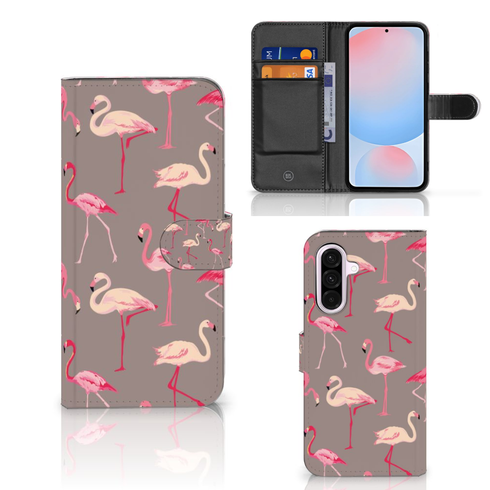 Samsung Galaxy A56 Telefoonhoesje met Pasjes Flamingo telefoonhoesje flamingo design voor- en achterkant