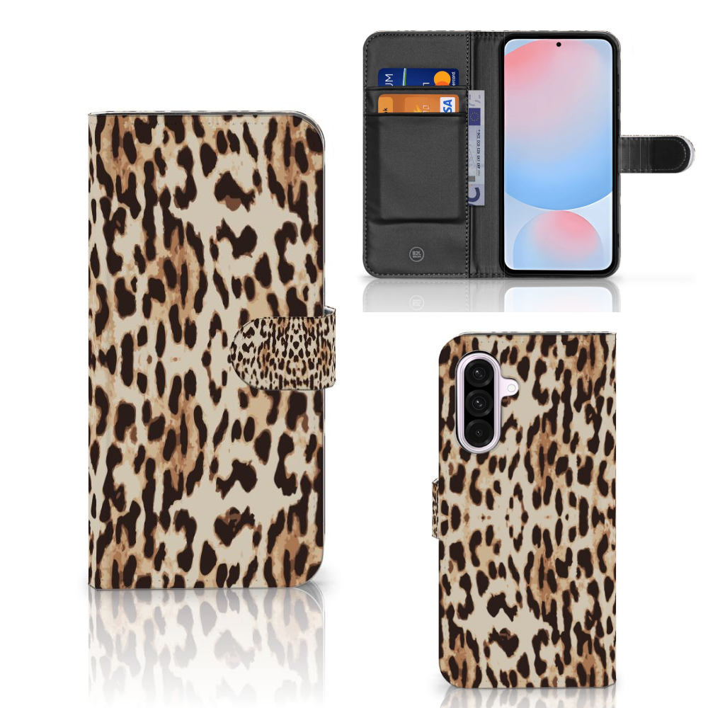 Samsung Galaxy A56 telefoonhoesje met pasjes leopard design voorkant en binnenkant aanzicht