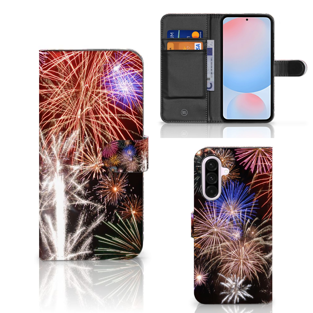 Samsung Galaxy A56 Wallet Case met Pasjes Vuurwerk hoesje design vuurwerk voorkant binnenkant