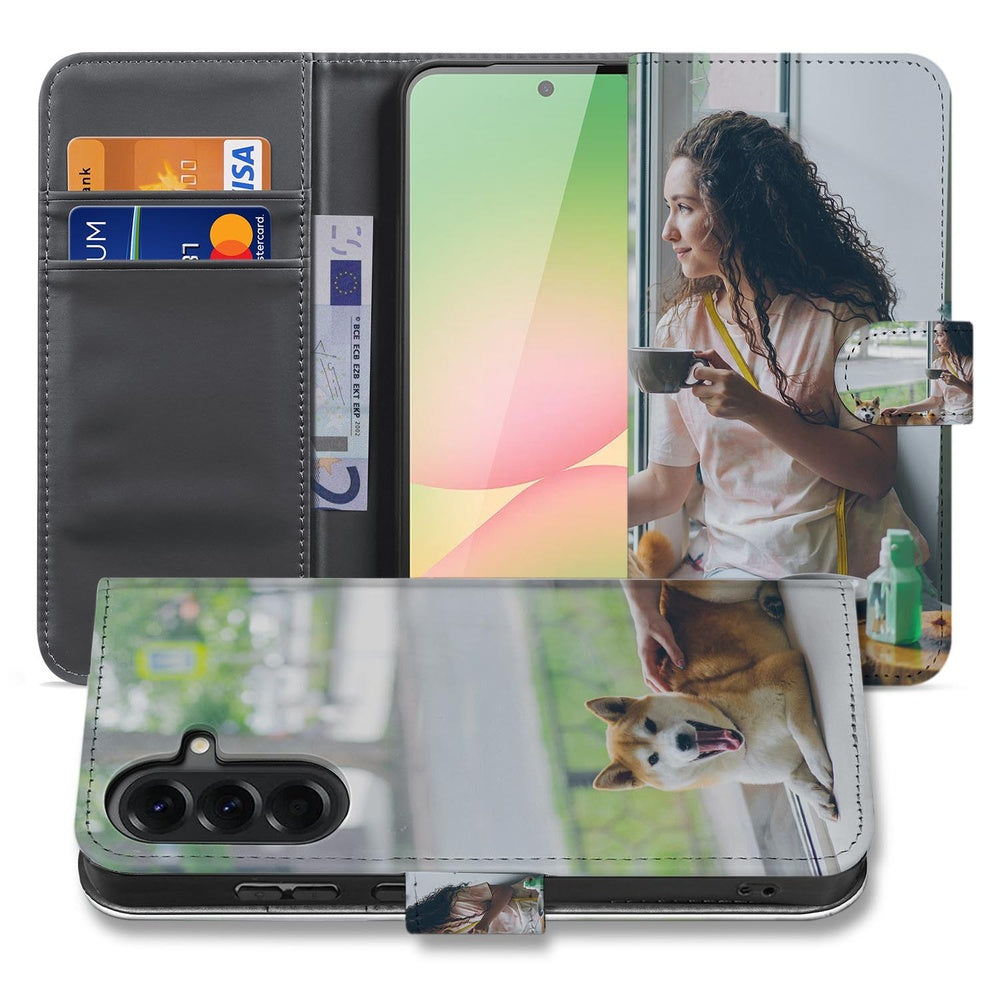 Samsung Galaxy A57 Bookcase Hoesje Maken met Foto Naadloos Design Voor- en achteraanzicht.