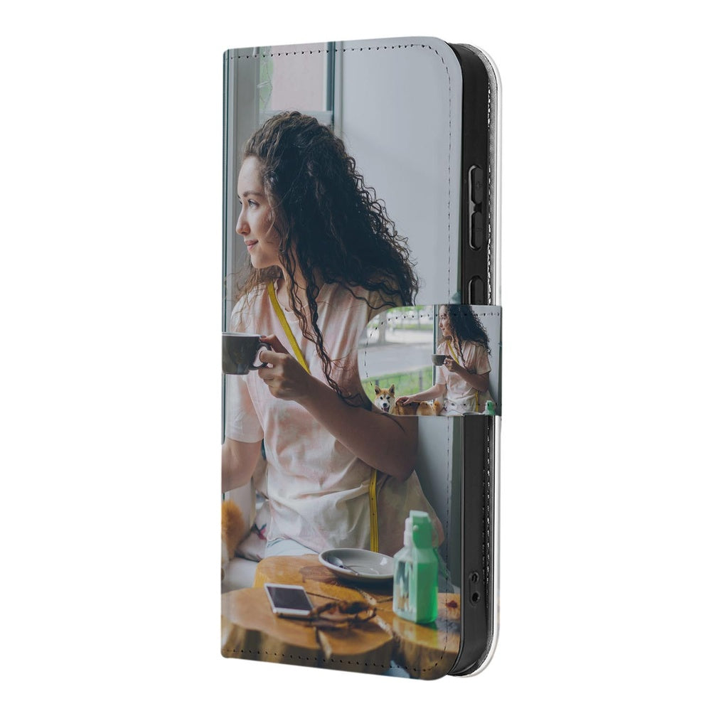 Samsung Galaxy A57 Bookcase Hoesje Maken met Foto Naadloos Design Schuin aanzicht.