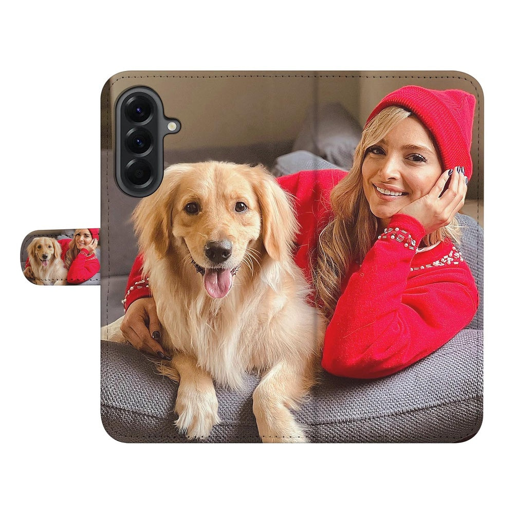 Samsung Galaxy A57 Bookcase Hoesje Maken met Foto Naadloos Design Voor- en achteraanzicht.