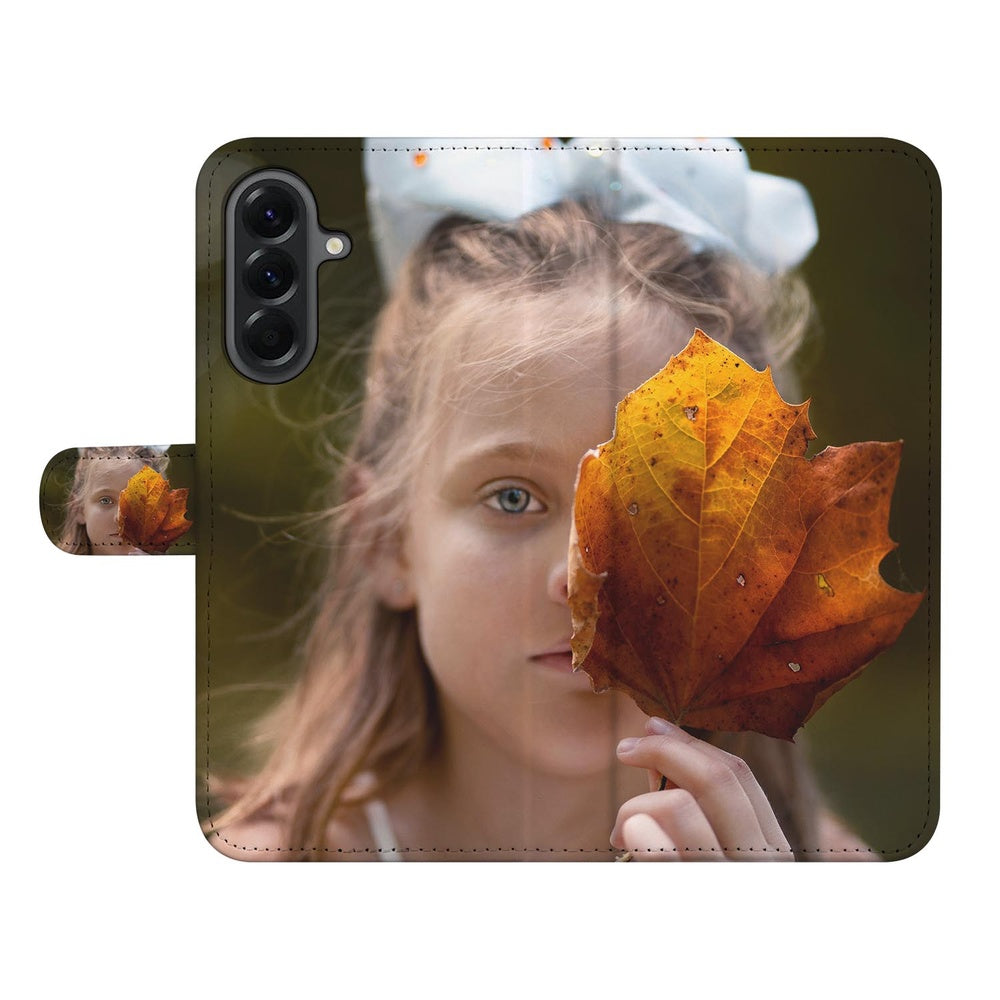 Samsung Galaxy A57 Bookcase Hoesje Maken met Foto Naadloos Design Voor- en achteraanzicht.