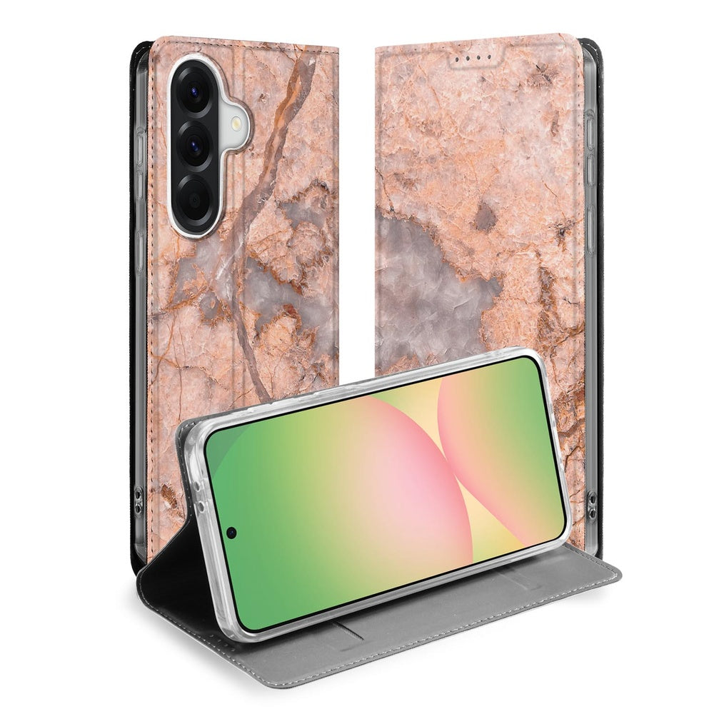 Samsung Galaxy A57 Bookcase Hoesje met Pasjes Marmer Oranje Vooraanzicht.