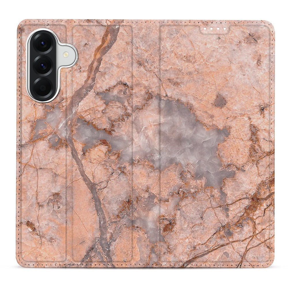 Samsung Galaxy A57 Bookcase Hoesje met Pasjes Marmer Oranje detail weergave van marmerpatroon.
