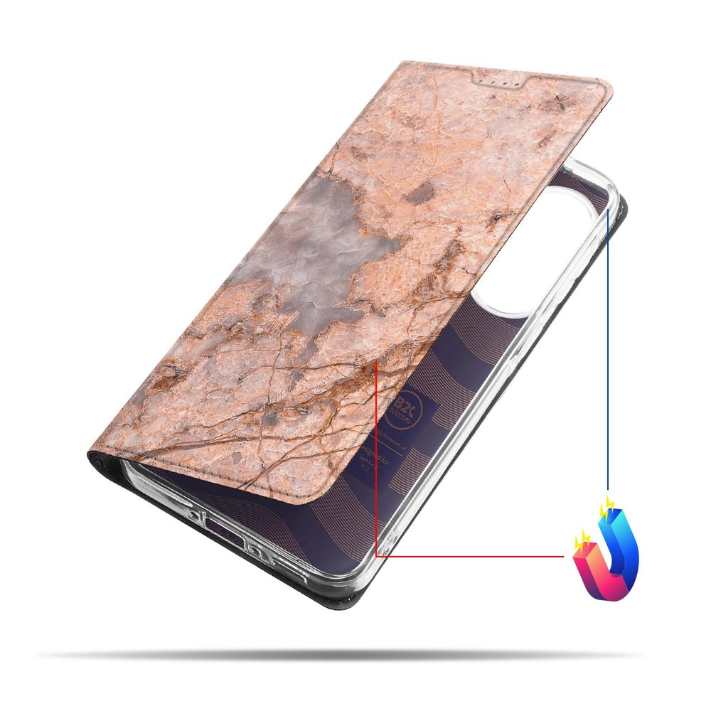 Samsung Galaxy A57 Bookcase Hoesje met Pasjes Marmer Oranje zijaanzicht met marmerpatroon.