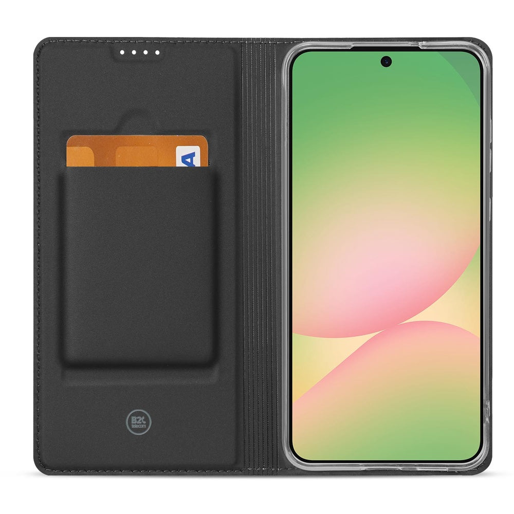 Samsung Galaxy A57 Bookcase Hoesje met Pasjes Marmer Oranje vooraanzicht met pasjesvak en smartphone.