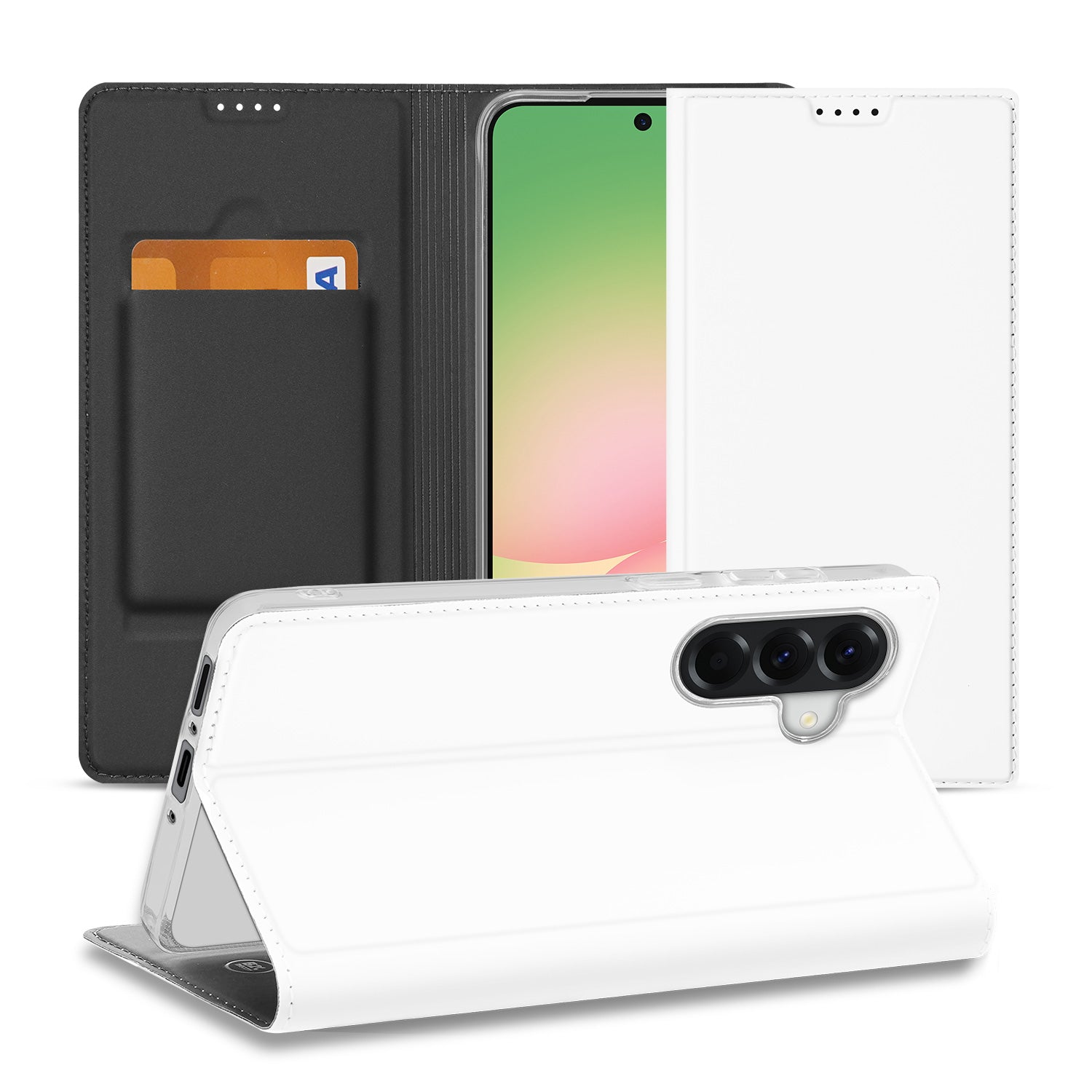 Samsung Galaxy A57 Stand Case Hoesje Wit met Kaartvak Vooraanzicht.