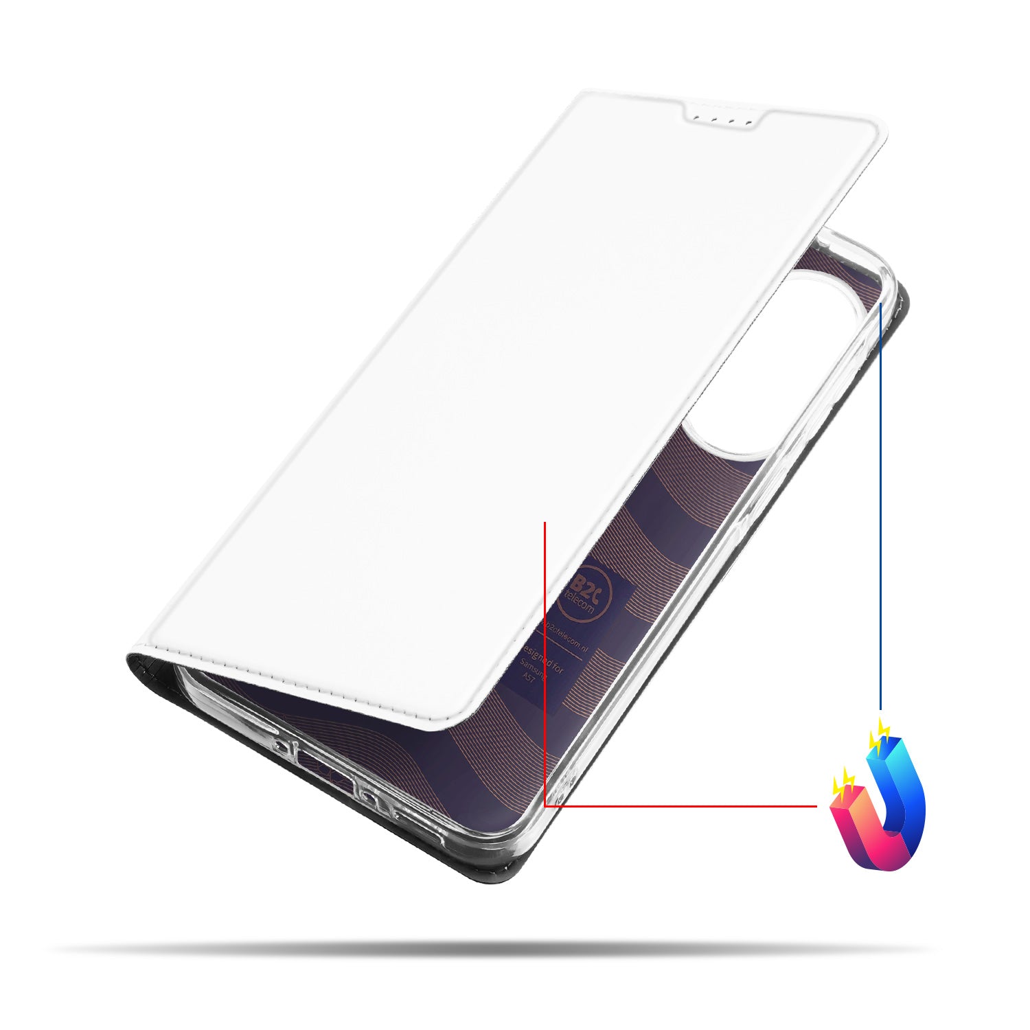 Samsung Galaxy A57 Stand Case Hoesje Wit met Kaartvak en Magneetsluiting Vooraanzicht.