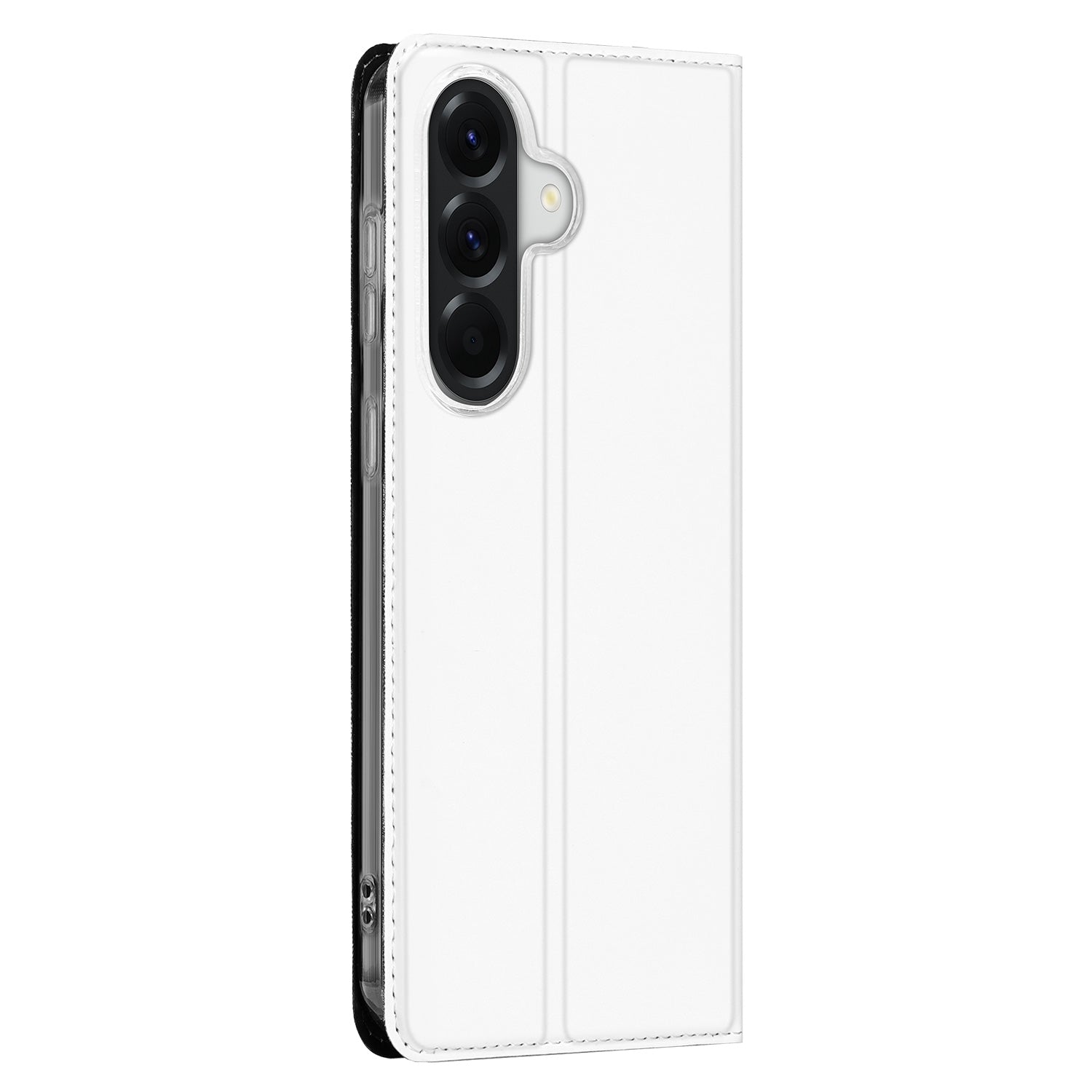 Samsung Galaxy A57 Stand Case Hoesje Wit zijaanzicht van een witte standcase met magneetsluiting.
