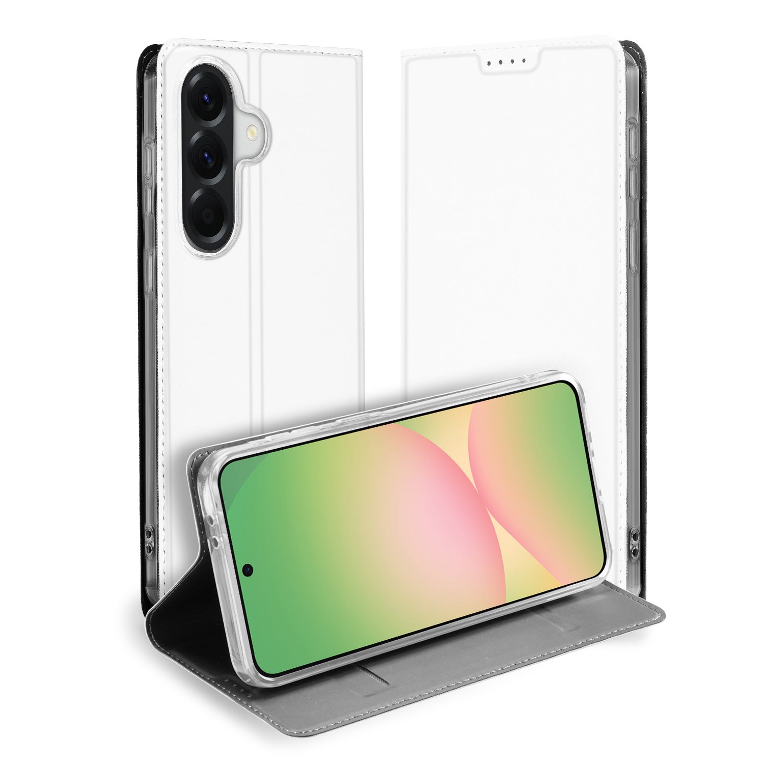 Samsung Galaxy A57 Stand Case Hoesje Wit Voorzijde met open design en smartphone in standfunctie.