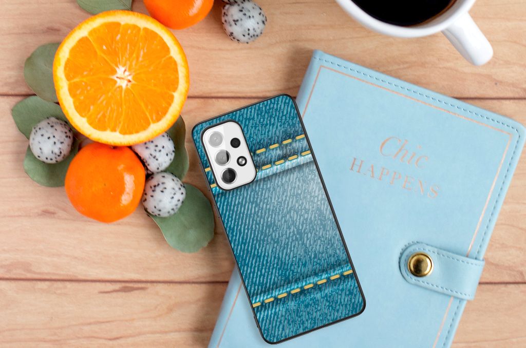 Samsung Galaxy A73 GSM Cover Jeans hoesje jeans design bovenaanzicht