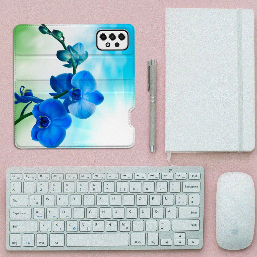 Samsung Galaxy A73 Smart Cover Orchidee Blauw cadeau voor je moeder design orchidee aanzicht