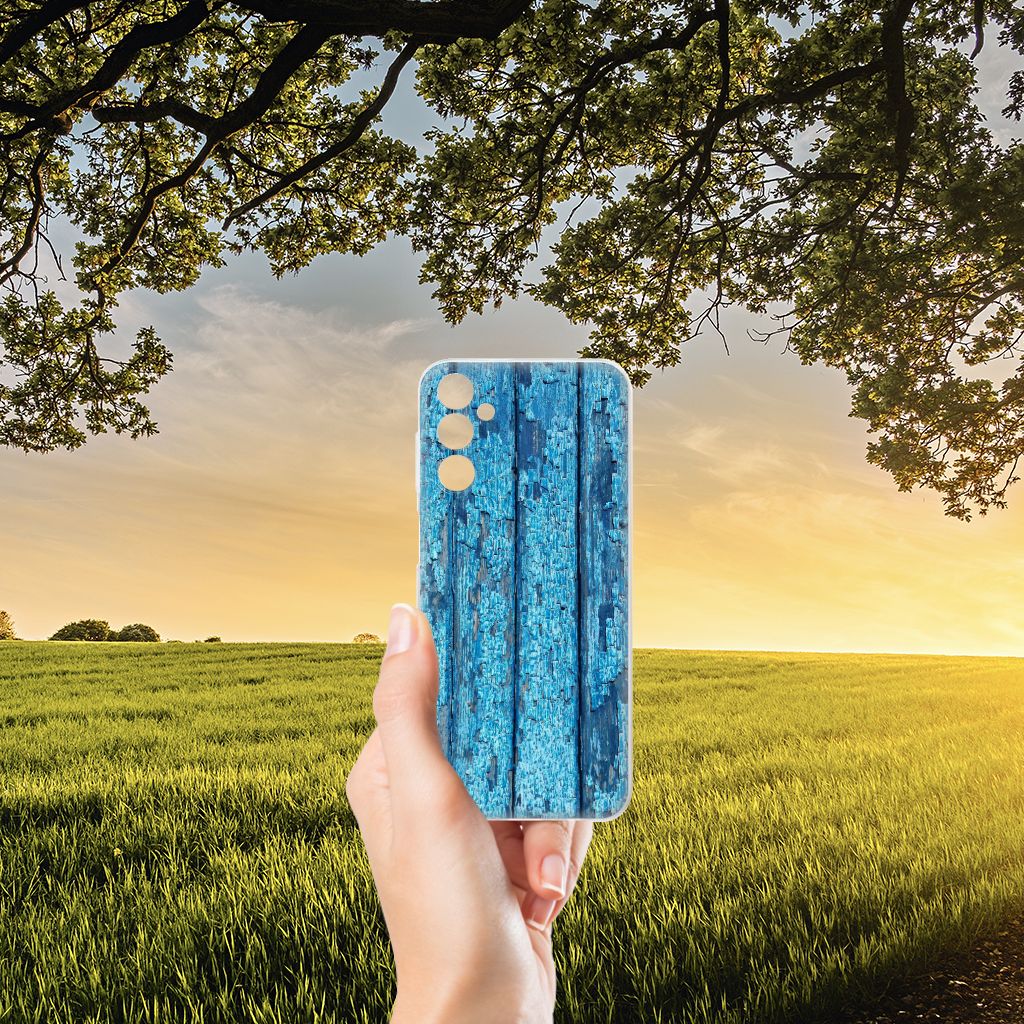 Samsung Galaxy M14 Bumper Hoesje Wood Blue telefoonhoesje blauwe hout achtergrond