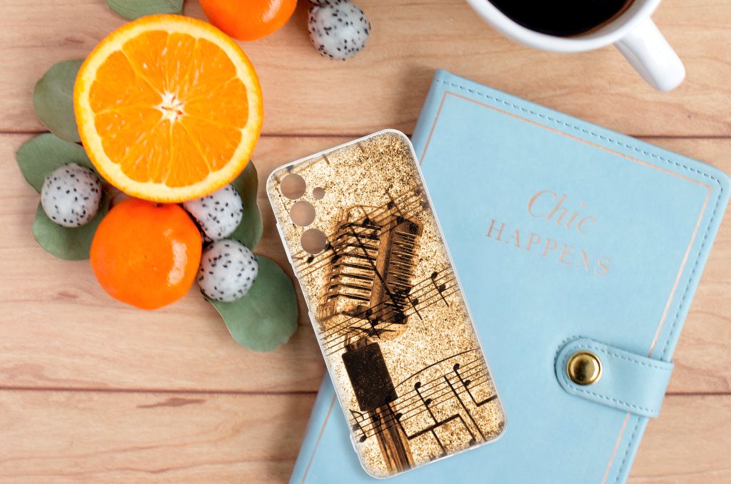 Samsung Galaxy M14 Siliconen Hoesje met foto Bladmuziek design bladmuziek aanzicht