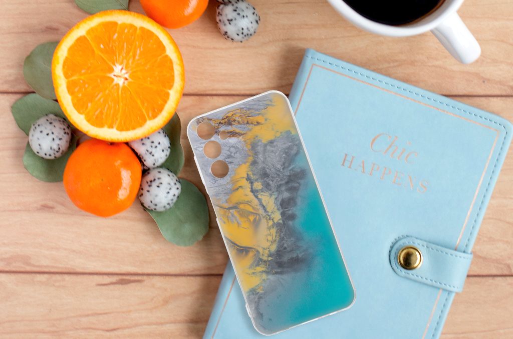 Samsung Galaxy M14 TPU Siliconen Hoesje Marble Blue Gold  design marmer blauw goud aanzicht