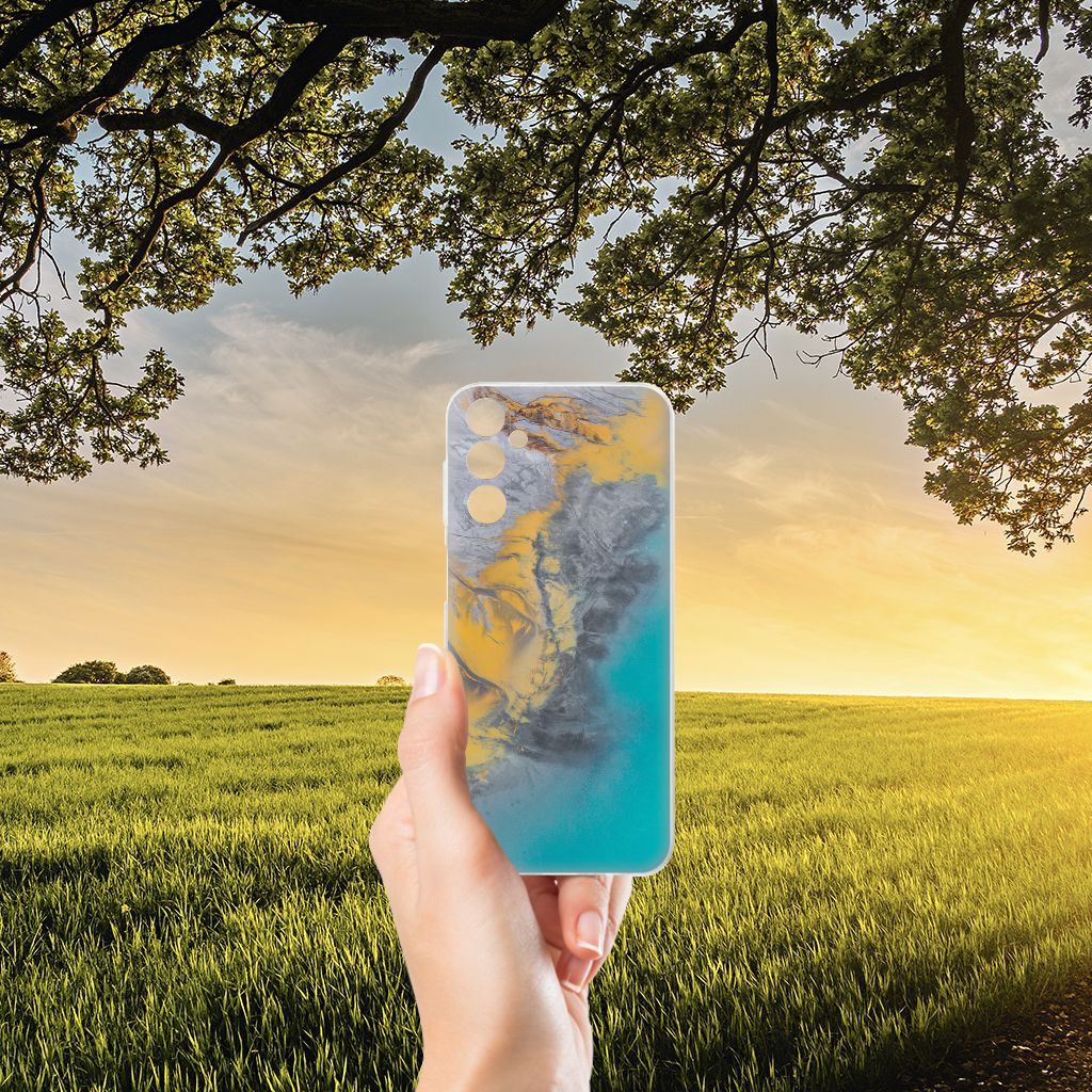 Samsung Galaxy M14 TPU Siliconen Hoesje Marble Blue Gold achterkant natuur zonsondergang