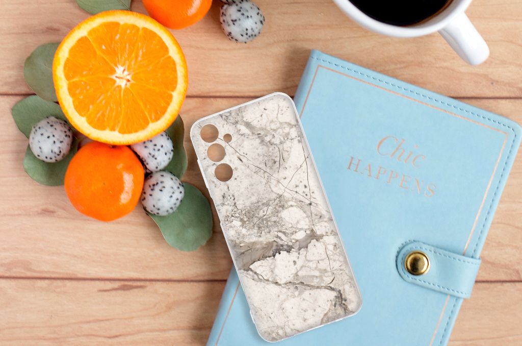 Samsung Galaxy M14 TPU Siliconen Hoesje Marmer Beige design marmer aanzicht