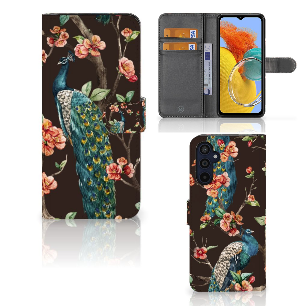 Samsung Galaxy M14 Telefoonhoesje met Pasjes Pauw met Bloemen voorkant binnenkant zijaanzicht