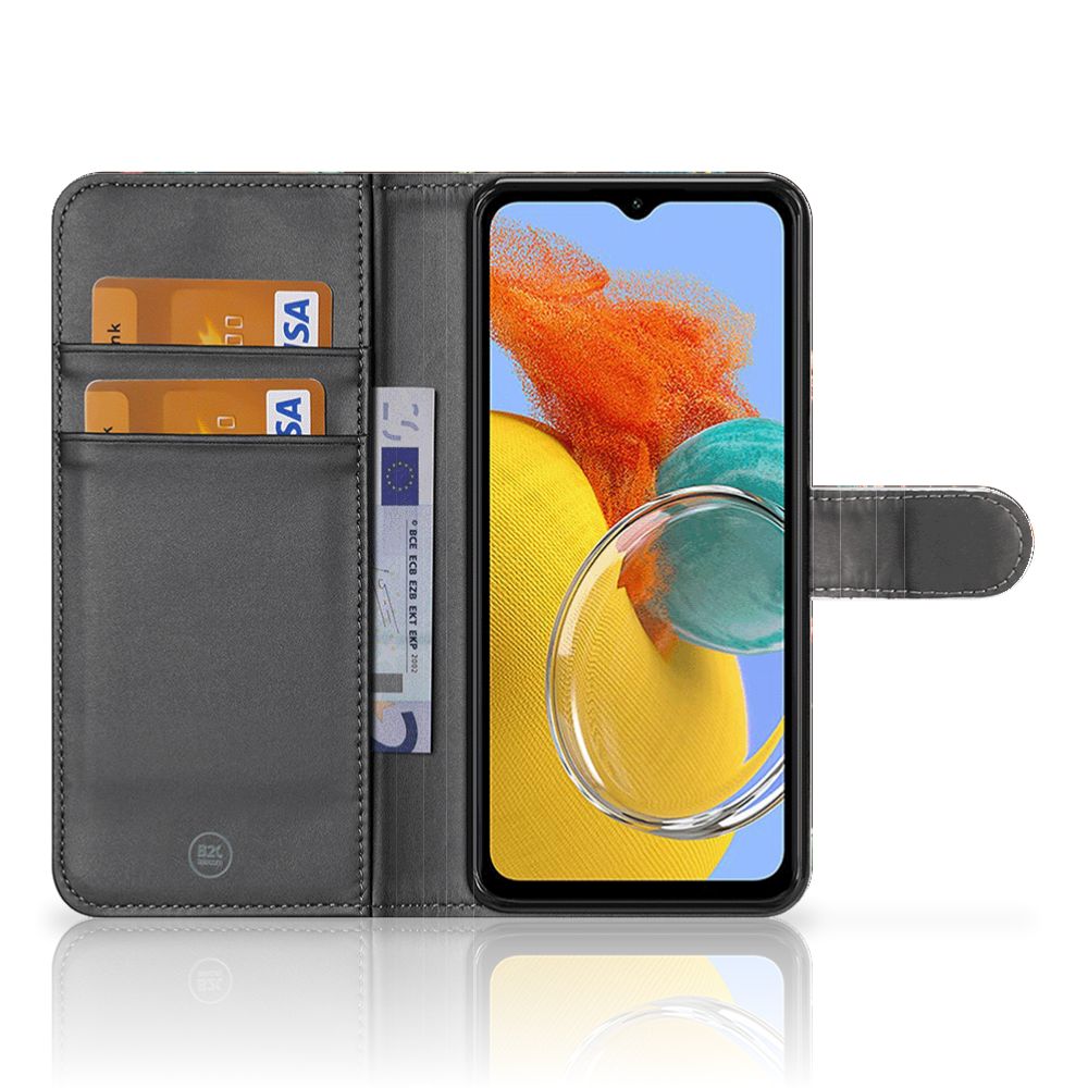 Samsung Galaxy M14 Telefoonhoesje met Pasjes Pauw met Bloemen telefoonhoesje binnenkant pasjes