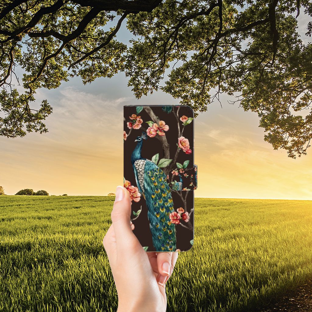 Samsung Galaxy M14 Telefoonhoesje met Pasjes Pauw met Bloemen pauw bloemen design hand uitzicht