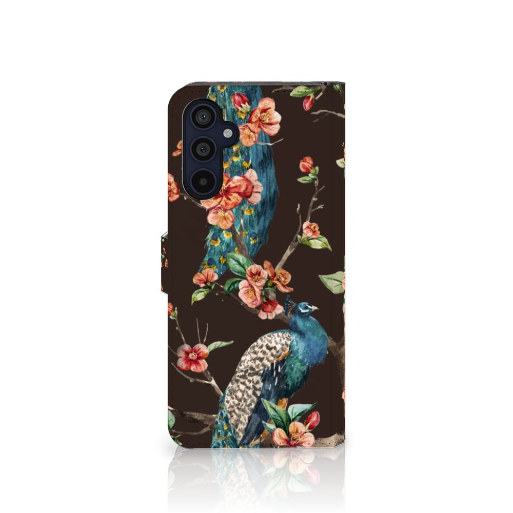 Samsung Galaxy M14 Telefoonhoesje met Pasjes Pauw met Bloemen telefoonhoesje pauw bloemen zicht