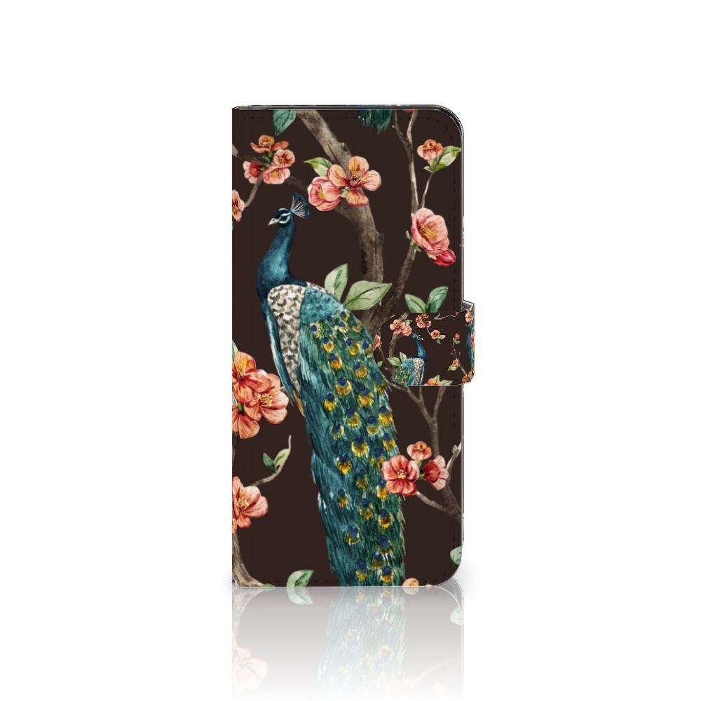 Samsung Galaxy M14 Telefoonhoesje met Pasjes Pauw met Bloemen design pauw bloemen aanzicht
