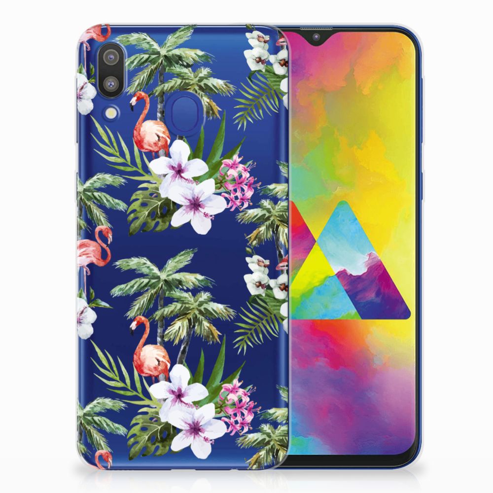 Samsung Galaxy M20 (Power) TPU Hoesje Flamingo Palms design flamingo palmbomen achterkant