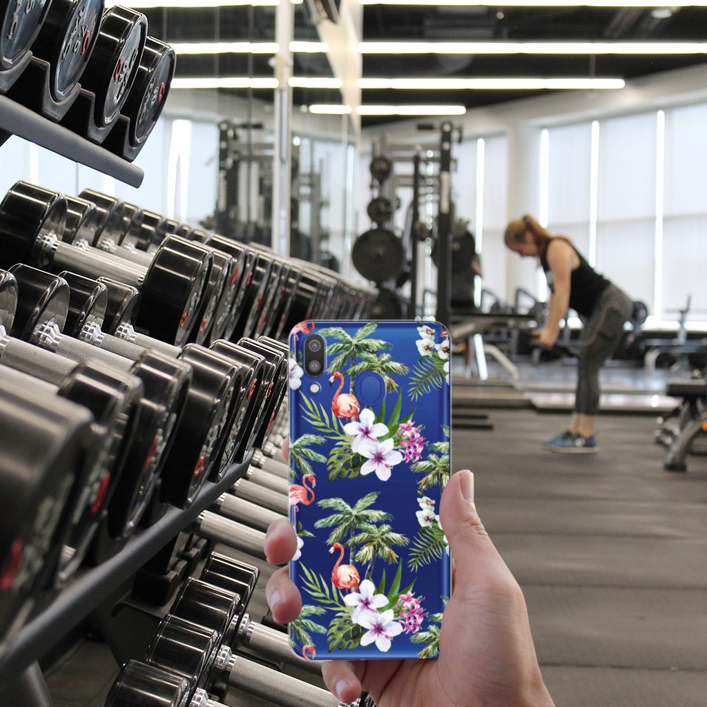 Samsung Galaxy M20 (Power) TPU Hoesje Flamingo Palms fitness gym aanzicht