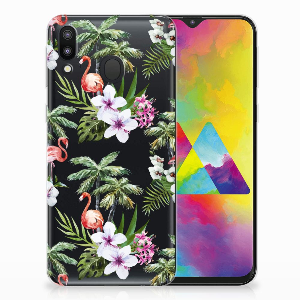 Samsung Galaxy M20 (Power) TPU Hoesje Flamingo Palms design flamingo palmbomen achterkant
