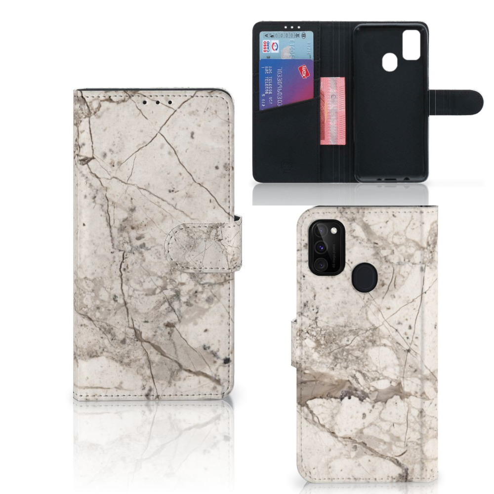 Samsung Galaxy M21 | M30s Bookcase Marmer Beige design hoesje voorkant binnenkant