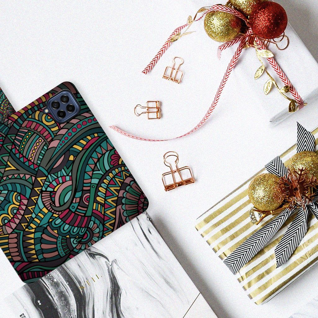 Samsung Galaxy M53 Telefoon Hoesje Aztec artistiek kleurrijk design bovenaanzicht